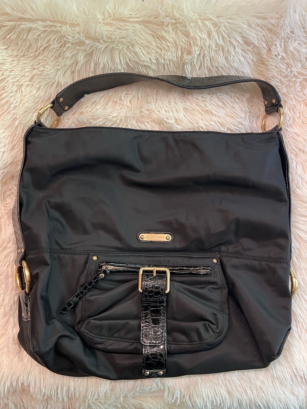 Michael Kors Black Nylon Shoulder Bag with Gold-Tone Accents